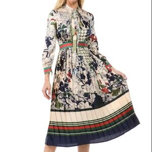 NWT Dalia MacPhee Tie Neck Printed Midi Dress pleated skirt multi size M